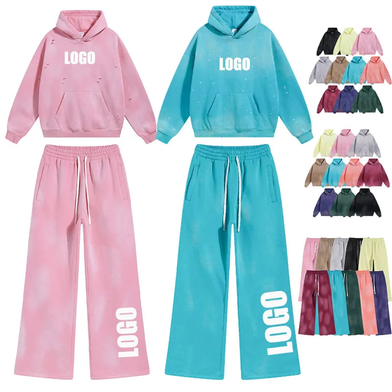 Custom LOGO autumn winter men's women's new white spray dyeing washing water 360G velvet cotton polyester sweatshirt sweatpants
