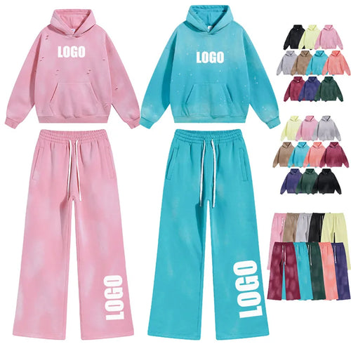 Custom LOGO autumn winter men's women's new white spray dyeing washing water 360G velvet cotton polyester sweatshirt sweatpants