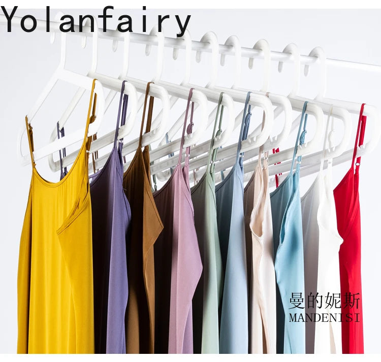 YOLANFAIRY 19momme 93% Mulberry Silk Spaghetti Strap Dress for Women Elegant Mid-length Sexy Real Silk Summer Dresses Woman 원피스