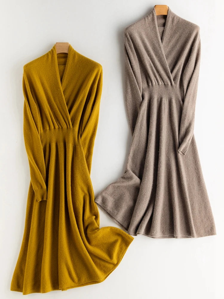 CHICUU Women 100% Cashmere Dresses V-neck Waist Cinching Dresses Autumn Winter Office Lady Grace Luxury Cashmere Knitwear