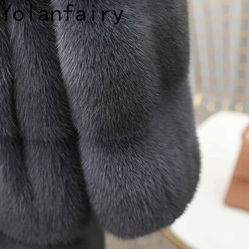 YOLANFAIRY Real Fur Coat Women Winter High Quality Mink Fur Jackets for Women Mid-length Natural Fur Coats Black Mink Jacket