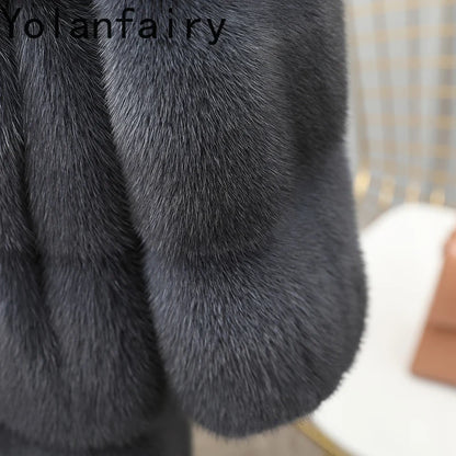 YOLANFAIRY Real Fur Coat Women Winter High Quality Mink Fur Jackets for Women Mid-length Natural Fur Coats Black Mink Jacket