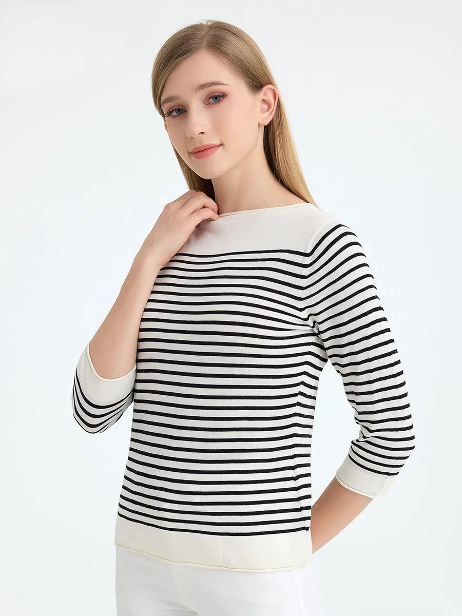SuyaDream, Striped Pullovers for Woman, Round Neck, 45%Silk 55%Lyocell, 3/4 Sleeves, Chic Sweaters, 2025 Fall Winter Top, Black