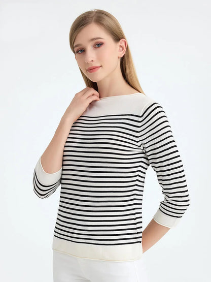 SuyaDream, Striped Pullovers for Woman, Round Neck, 45%Silk 55%Lyocell, 3/4 Sleeves, Chic Sweaters, 2025 Fall Winter Top, Black