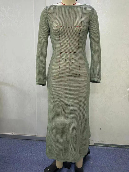 Sexy Long Sleeve Hollow Out Crochet Knitted Tunic Beach Cover Up Cover-ups Beach Dress Beach Wear Beachwear Female Women V5319
