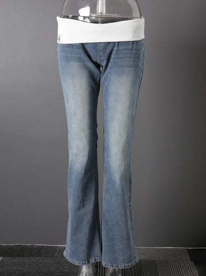 DEAT Fashion Fold Over Waist Flare Jeans Women's Low Waist Slim Light Blue Denim Pants Summer New
