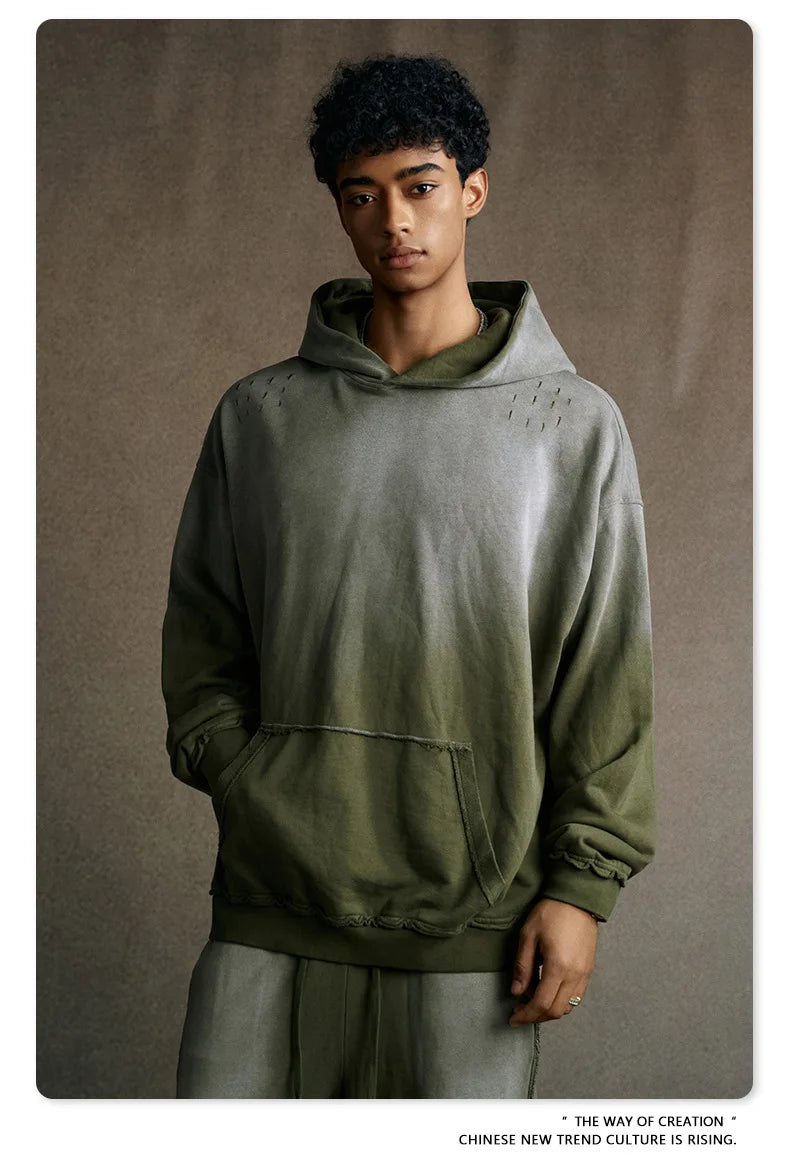 Custom LOGO men's 2025 autumn 370G heavy 100% cotton gradual change hole hooded sweater straight trousers set