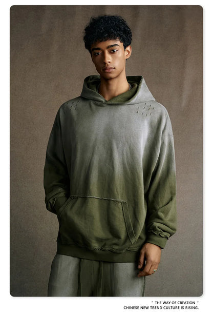 Custom LOGO men's 2025 autumn 370G heavy 100% cotton gradual change hole hooded sweater straight trousers set