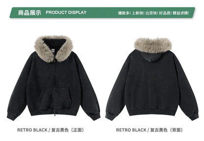 Custom LOGO Men's 400G Autumn Winter Retro Washed Boxy Fleece Collar Plush Thickened  Hooded  Zipper Jacket Couple style set