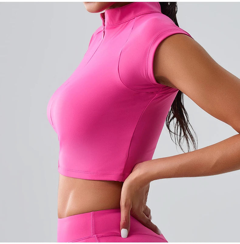 Zipper Sports Crop Top Women Short Sleeve Yoga Top Shirts Light Weight Gym Push Up Top Sports Shirt Running Workout Crop Tops
