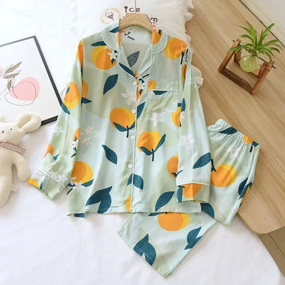 Spring and summer new 100% viscose pajamas two-piece long-sleeved trousers women's flowers comfortable plus size homewear suit