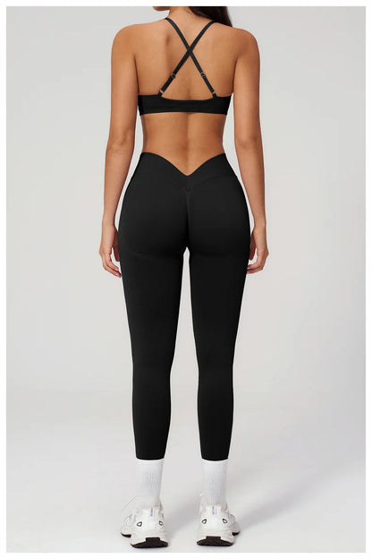 TRY TO BN Women Tracksuit 2 Piece Yoga Set Cross Bra High Waist V Waist Leggings Tummy Control Butt Lifting Workout Running Gym