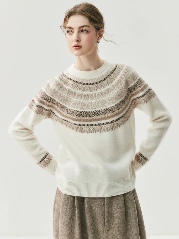 CHICUU Women Autumn Winter O-neck Vintage Style Pullover Sweater 100% Cashmere Knitwear Thick Warm Jacquard Knitting Sweater Top