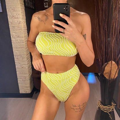 Sexy Wave Striped Bandeau High Waist Bikini Female Swimsuit Women Swimwear Two-pieces Bikini set Bather Bathing Suit Swim V5445