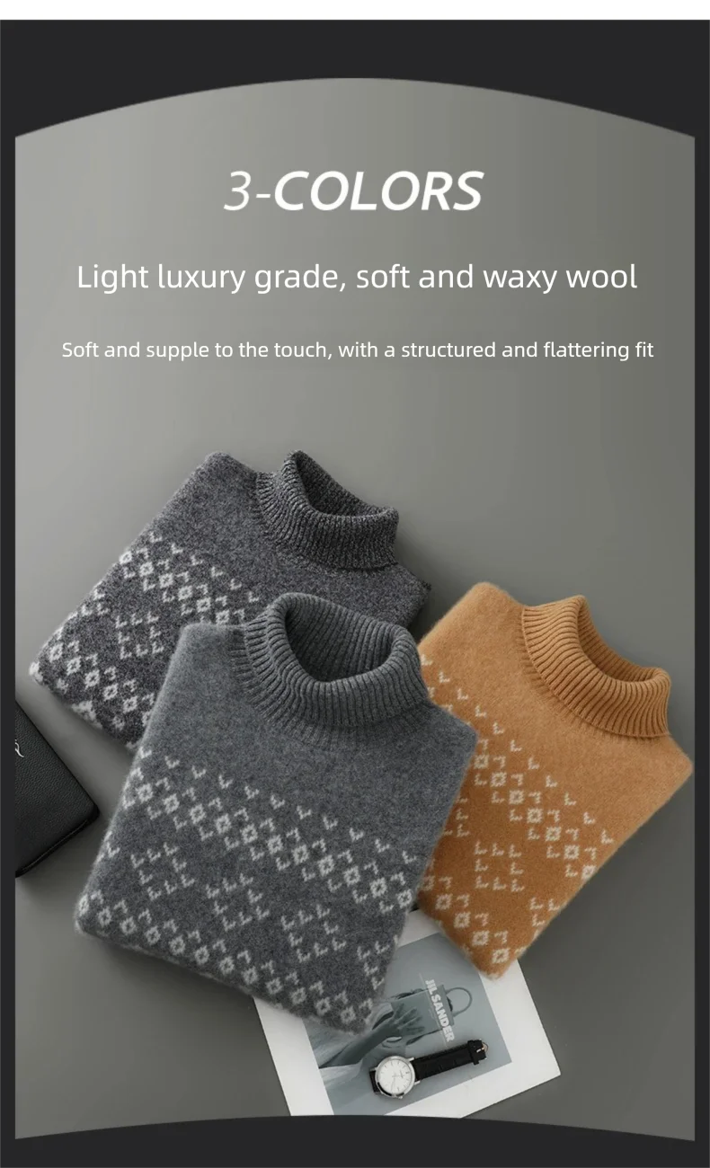New 100% Pure Wool Cashmere Men's O-neck Pullover 2025 Autumn/Winter Color Matching Top Casual Thick Fashion Large Size Jacket