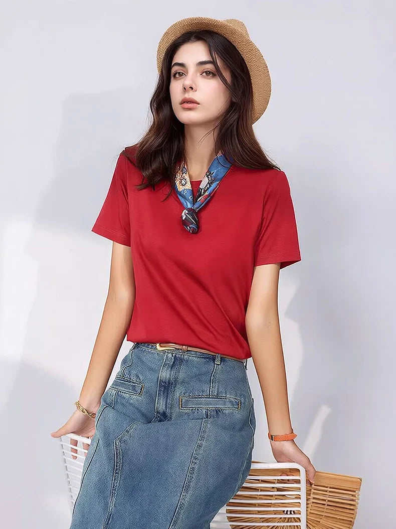 SuyaDream Women Solid T shirts, Silk Cotton Blend, O Neck, Short Sleeved Solid Tee,2025 Summer Candy Colors Basic Cozy Top Green
