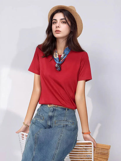 SuyaDream Women Solid T shirts, Silk Cotton Blend, O Neck, Short Sleeved Solid Tee,2025 Summer Candy Colors Basic Cozy Top Green