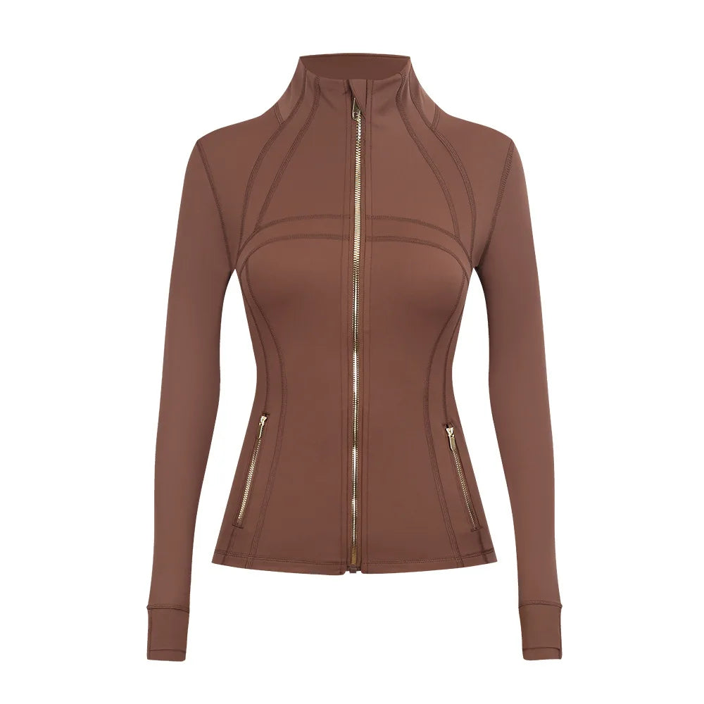 Personalized LOGO custom women's gold zip jacket tight stand-up collar quick-drying fitness running yoga suit 41-color S-3XL top