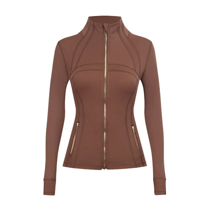 Personalized LOGO custom women's gold zip jacket tight stand-up collar quick-drying fitness running yoga suit 41-color S-3XL top