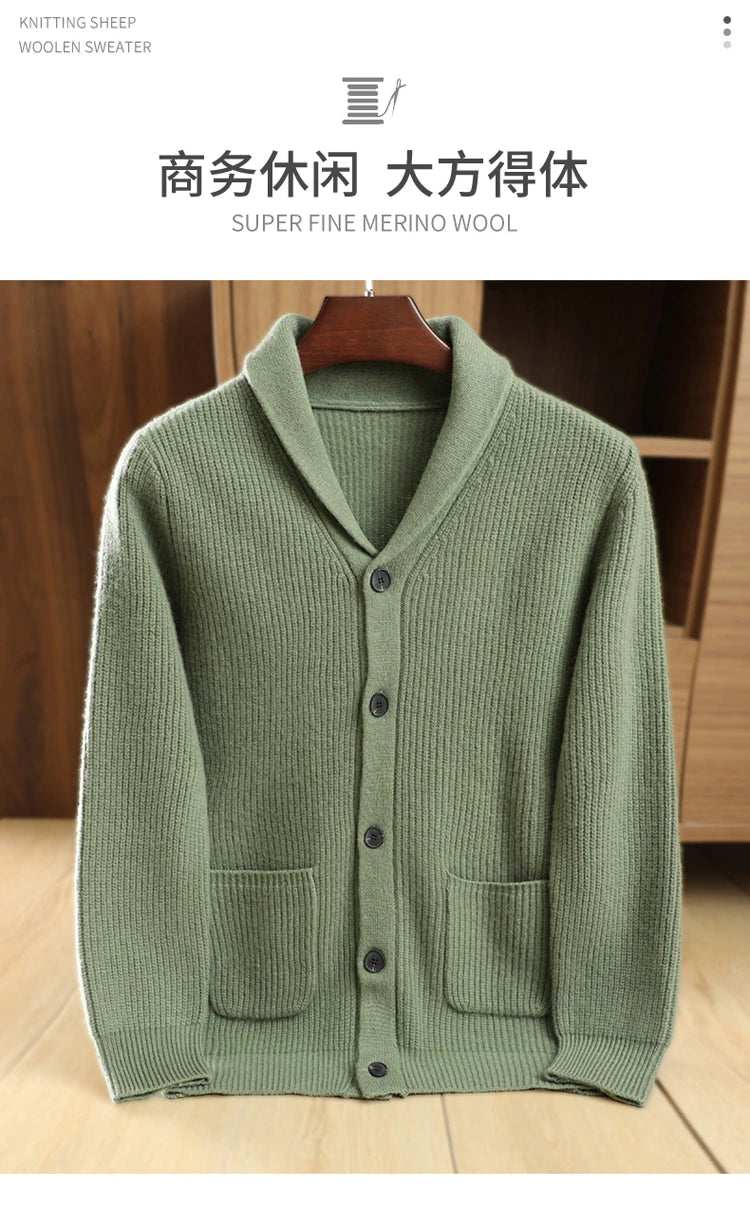 Men High Quality Polo Collar Cardigan Autumn Winter Thick Buttons 100% Merino Wool Sweater Smart Casual Coat Cashmere Knitwear
