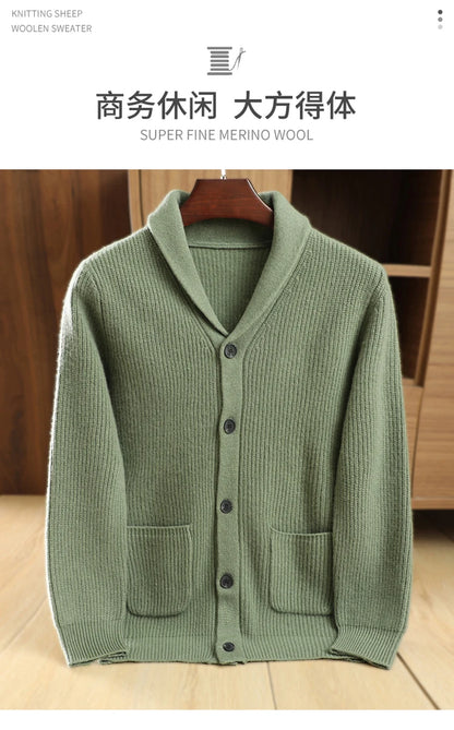 Men High Quality Polo Collar Cardigan Autumn Winter Thick Buttons 100% Merino Wool Sweater Smart Casual Coat Cashmere Knitwear