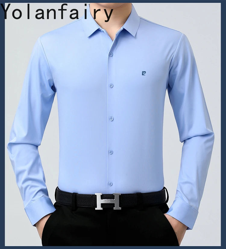 YOLANFAIRY 100% Mulberry Silk Long Sleeve Shirt Man Spring Autumn Casual Silk Mens Shirts Warm Male White Shirt chemises hommes