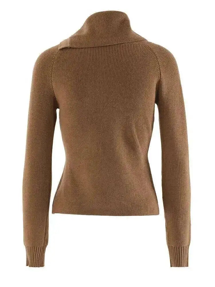 DEAT Fashion Brown Irregular Knitted Tops Women's Turtleneck Slim Fit Button Long Sleeves Short Sweater Autumn New