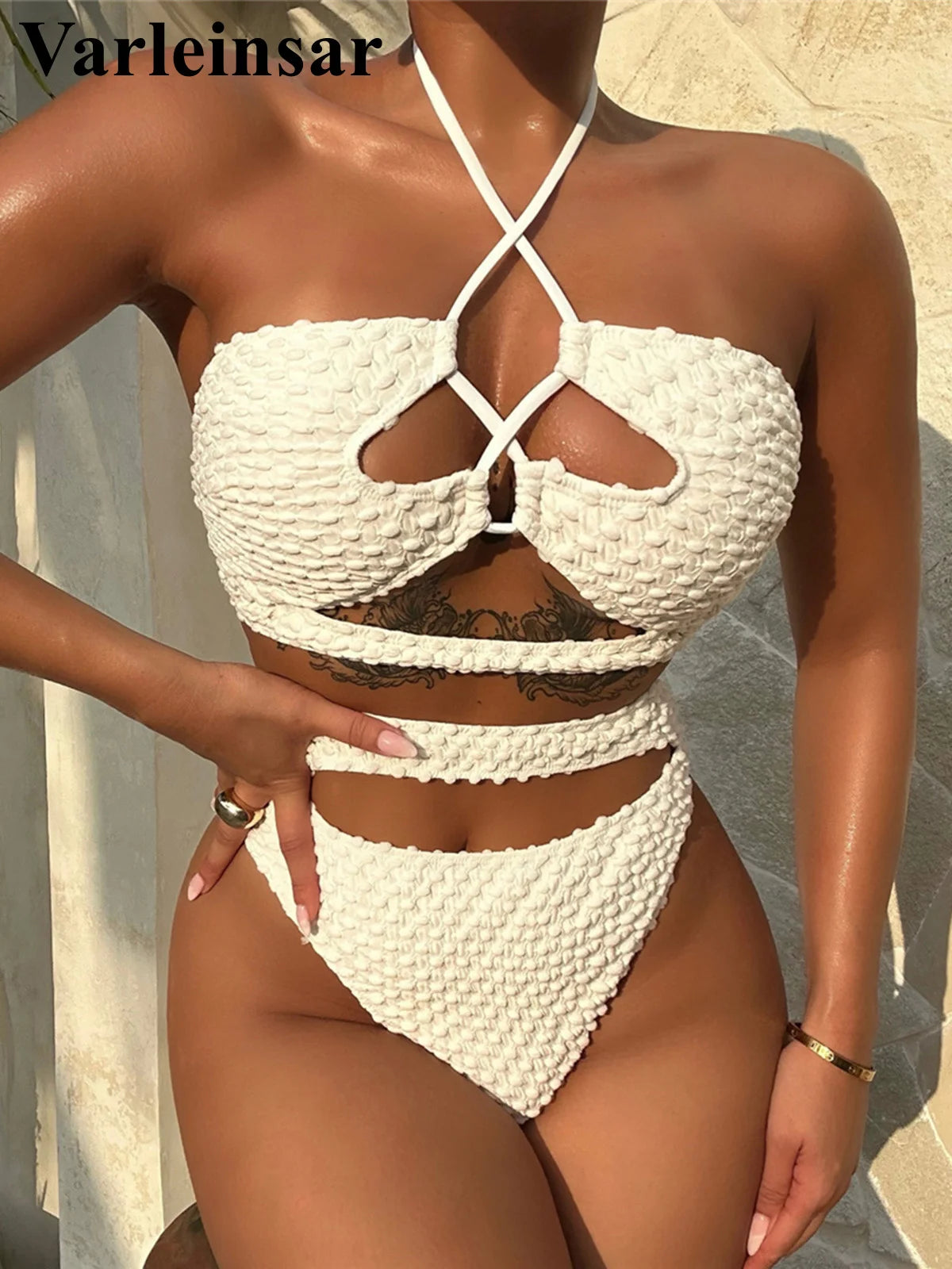 Halter Cut Out Wrinkled Female Swimsuit High Waist Bikini Women Swimwear Two-pieces Bikini set Bather Bathing Suit Swim V4978