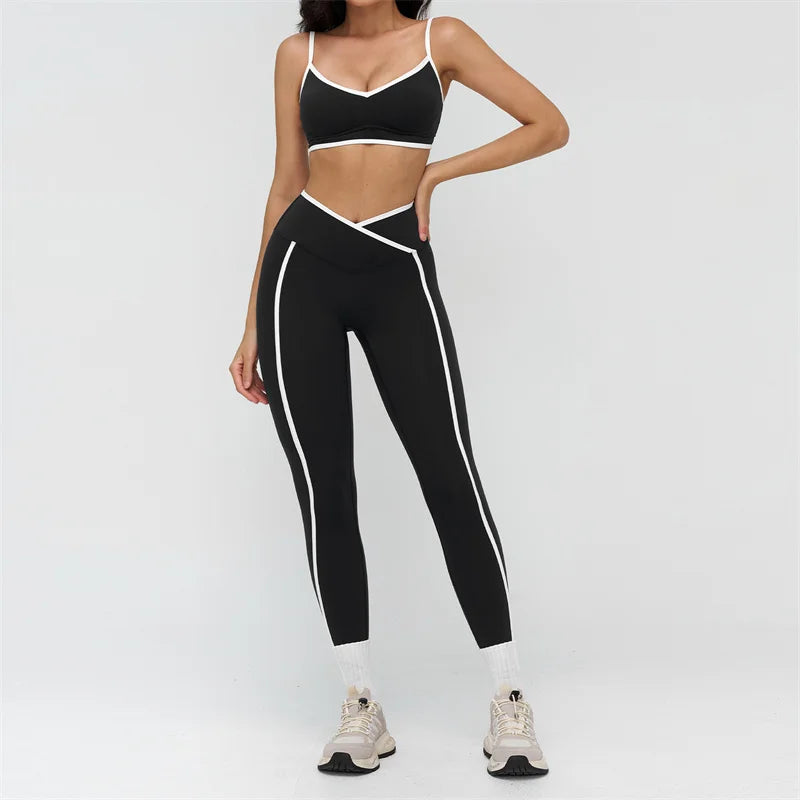 TRY TO BN Gym Set Sport Bra Women's Tracksuit Fitness Contrasting Color High Waist Leggings Two Pieces Suit Running Yoga Clothes