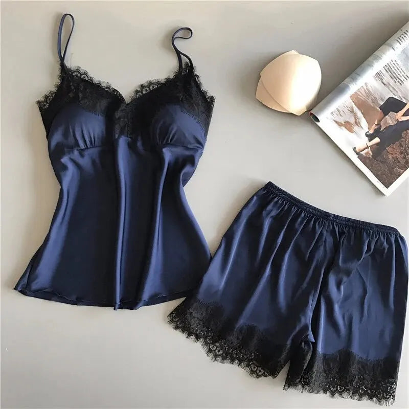Women Pajama Suit Fashion V-Neck Lace Sexy Lingerie Pyjamas Sleep Shorts Set Sleepwear New