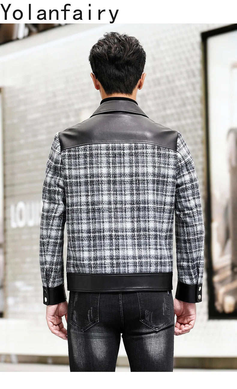 YOLANFAIRY Plaid Wool Spliced Genuine Sheepskin Jacket for Man Spring Autumn Short Woolen Coat Turn Down Collar abrigo hombre