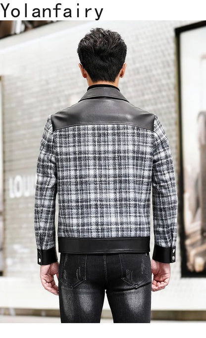 YOLANFAIRY Plaid Wool Spliced Genuine Sheepskin Jacket for Man Spring Autumn Short Woolen Coat Turn Down Collar abrigo hombre