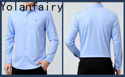 YOLANFAIRY 100% Mulberry Silk Long Sleeve Shirt Man Spring Autumn Casual Silk Mens Shirts Warm Male White Shirt chemises hommes
