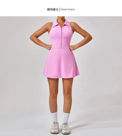 Women's Tennis Dress Women Turn Down Collar Front Zipper 2-in-1 Golf Sports Tight Dress Fitness Workout Running Pocket Skort
