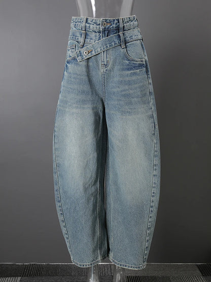 DEAT Fashion Cross Buckle Waist Baggy Jeans Women's High Waist Loose Fit Vintage Blue Denim Pants Sumemr New