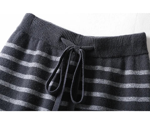 Women's Spring and Autumn 100% Merino Wool 90 Count Knitted Striped Wide Leg Pants