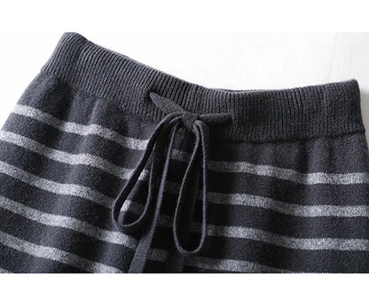 Women's Spring and Autumn 100% Merino Wool 90 Count Knitted Striped Wide Leg Pants