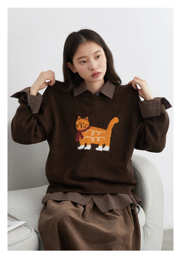 CHIC VEN New Women Sweaters Loose Casual O Neck Cartoon Cat Female Knitted Jumpers Pullovers for Girl Autumn Winter 2025