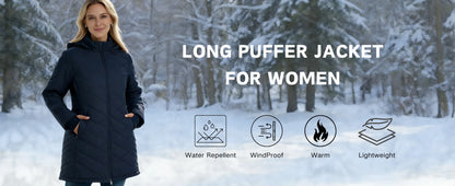 TACVASEN Womens Long Quilted Puffer Hood Jackets Winter Lightweight Warm Insulated Coat Windproof Waterproof Parkas with Pockets