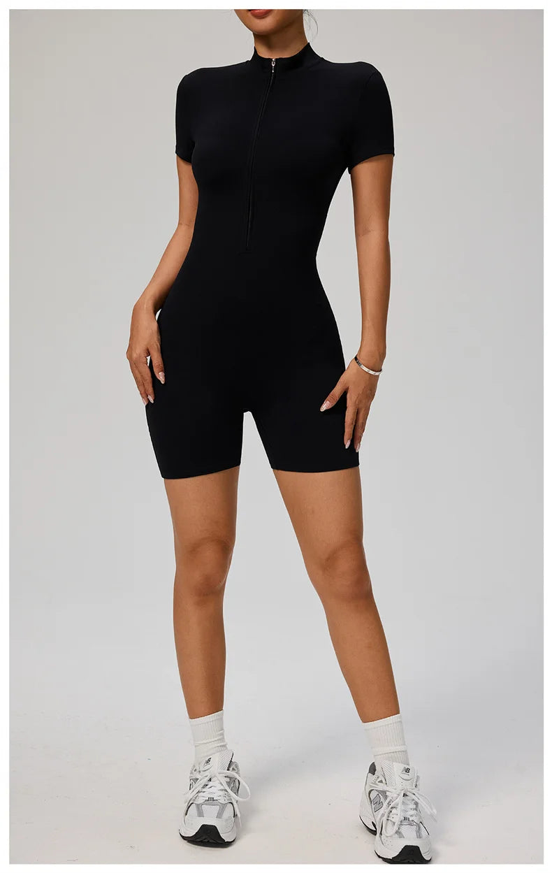 TRY TO BN Sports Jumpsuit Zipper Short Sleeves Yoga Sportswear Fitness Workout Bodysuit One Piece Suits Tights Gym Woman Clothes