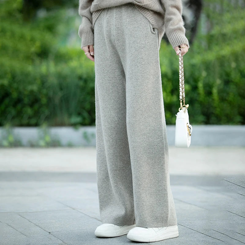DjzDsm Women's 100% Merino Wool Wide Leg Straight Leg Pants Autumn Winter Thickened Comfortable Fit Trousers