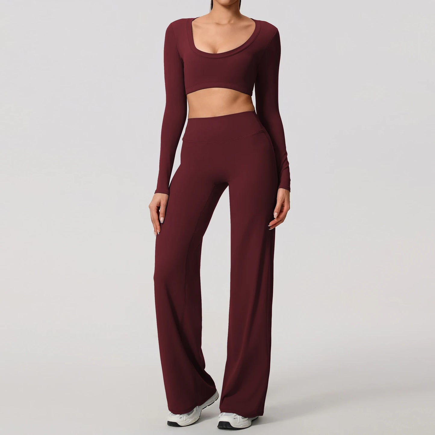 Hearuisavy Sports Set 2Pcs Women's  Long Sleeve Backless Fitted Fitness Top Push Up Pilates Yoga Top Wide Leg Straight Leg Pants
