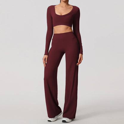 Hearuisavy Sports Set 2Pcs Women's  Long Sleeve Backless Fitted Fitness Top Push Up Pilates Yoga Top Wide Leg Straight Leg Pants