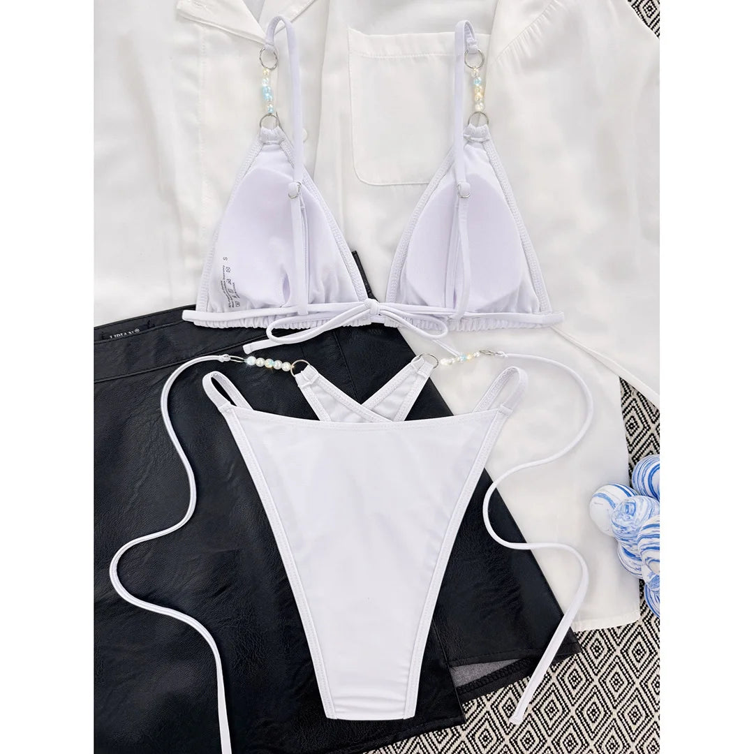 Sexy Halter Pearls Strappy Bikini Female Swimsuit Women Swimwear Two-pieces Bikini set High Cut Bather Bathing Suit Swim V5473
