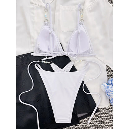Sexy Halter Pearls Strappy Bikini Female Swimsuit Women Swimwear Two-pieces Bikini set High Cut Bather Bathing Suit Swim V5473