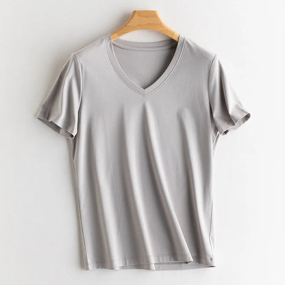 SuyaDream Women Solid T shirts, Silk Cotton Blend, O Neck, Short Sleeved Solid Tee,2025 Summer Candy Colors Basic Cozy Top Green