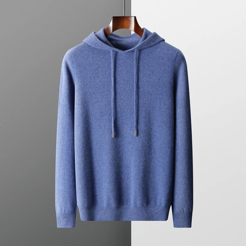 Men's 100% Merino Wool Sweater Hooded Collar Knitted Pullover Cashmere Sweatshirt Autumn Winter Casual Large Tops Long Sleeved