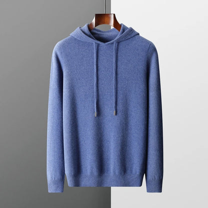 Men's 100% Merino Wool Sweater Hooded Collar Knitted Pullover Cashmere Sweatshirt Autumn Winter Casual Large Tops Long Sleeved