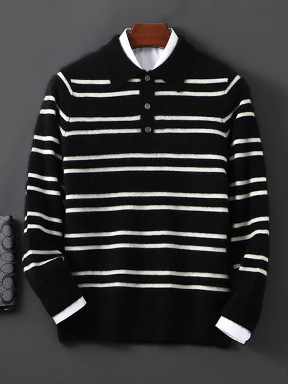 Men Leisure 100% Merino Wool Sweater Polo Collar Knit Pullover Autumn Winter Cashmere Clothing Casual Business Color Stripe Top