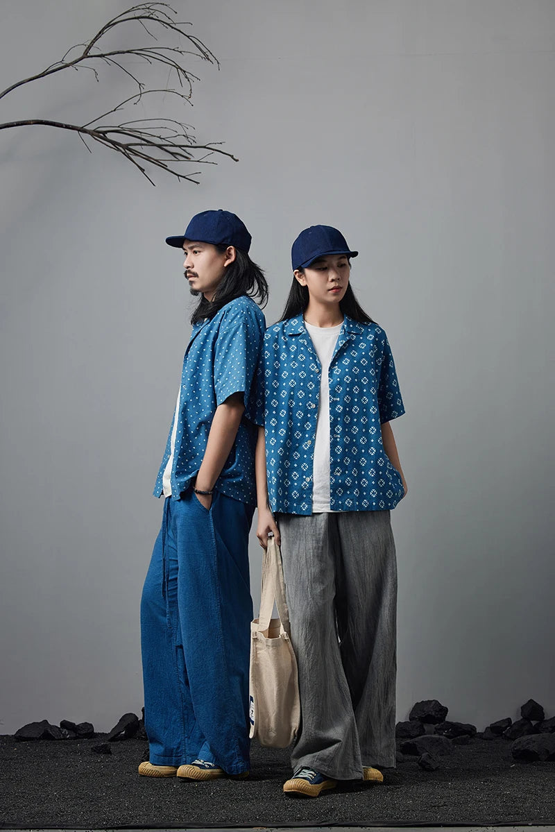 Vintage Indigo Print Shirt Men Summer New Blue Dyed Cuban Lapel Short Sleeve Single Breasted Shirt Cotton Casual Cardigan Tops